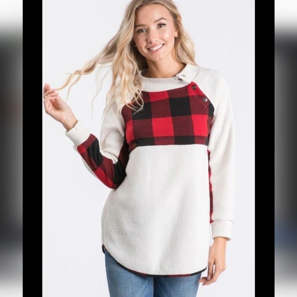 Hailey & Co Fleece Pullover Sweater Buffalo Plaid Asymmetrical Buttons at neck